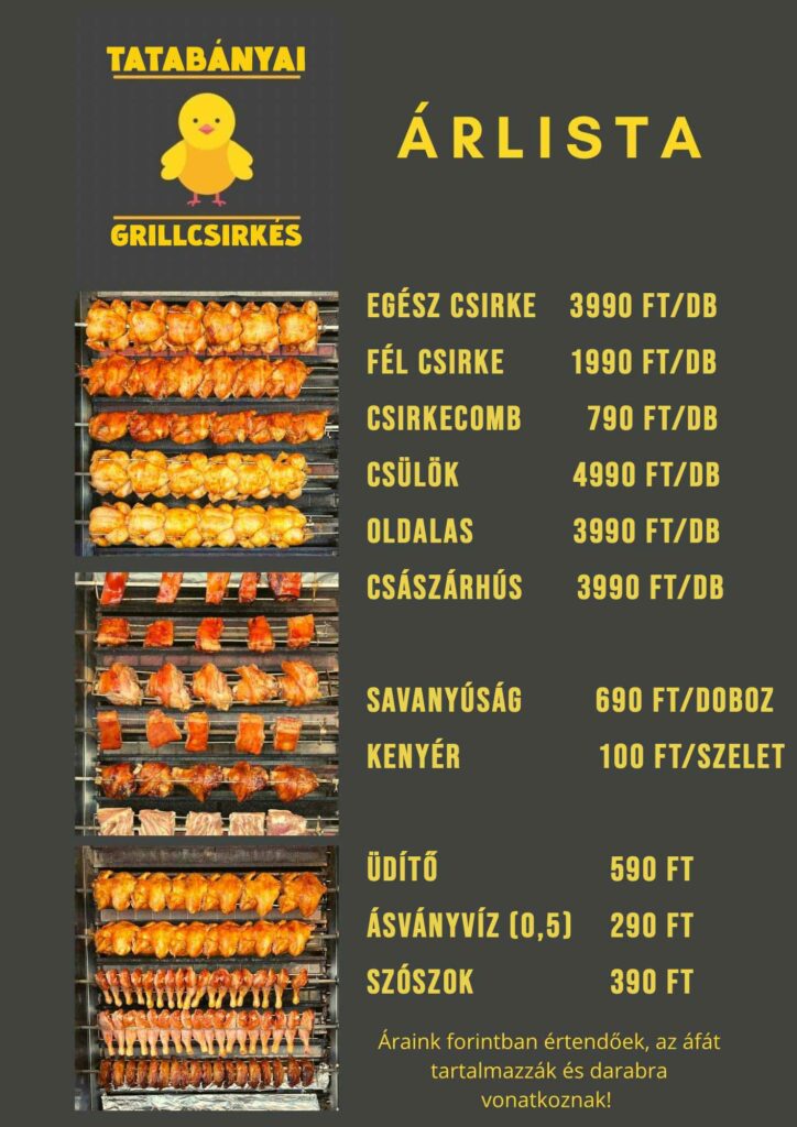 Tatabánya grillcsirkés árlista